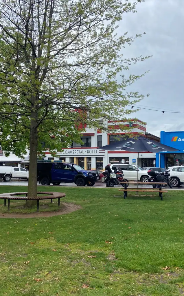 Looking across the grass to the Commercial Hotel in Mansfield
