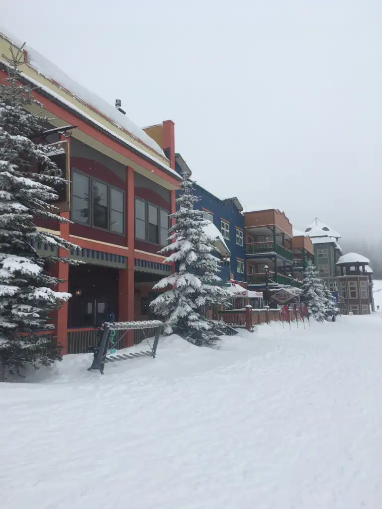 Brightly coloured buildings line the snow-covered road at Silverstar on an overcast snowy day.