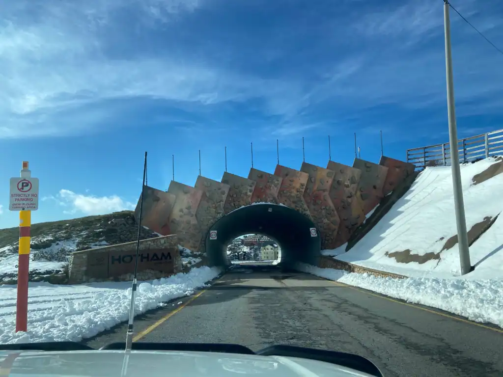 Approaching the entrance tunnel at Mt Hotham on a sunny day