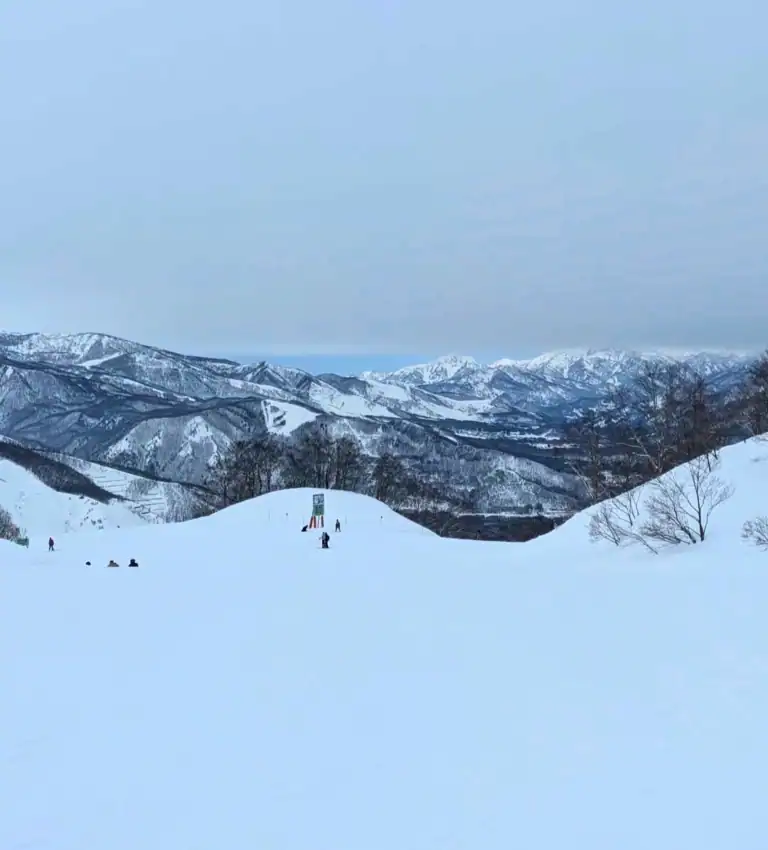 View over the snow-covered runs and mountains at Hakuba