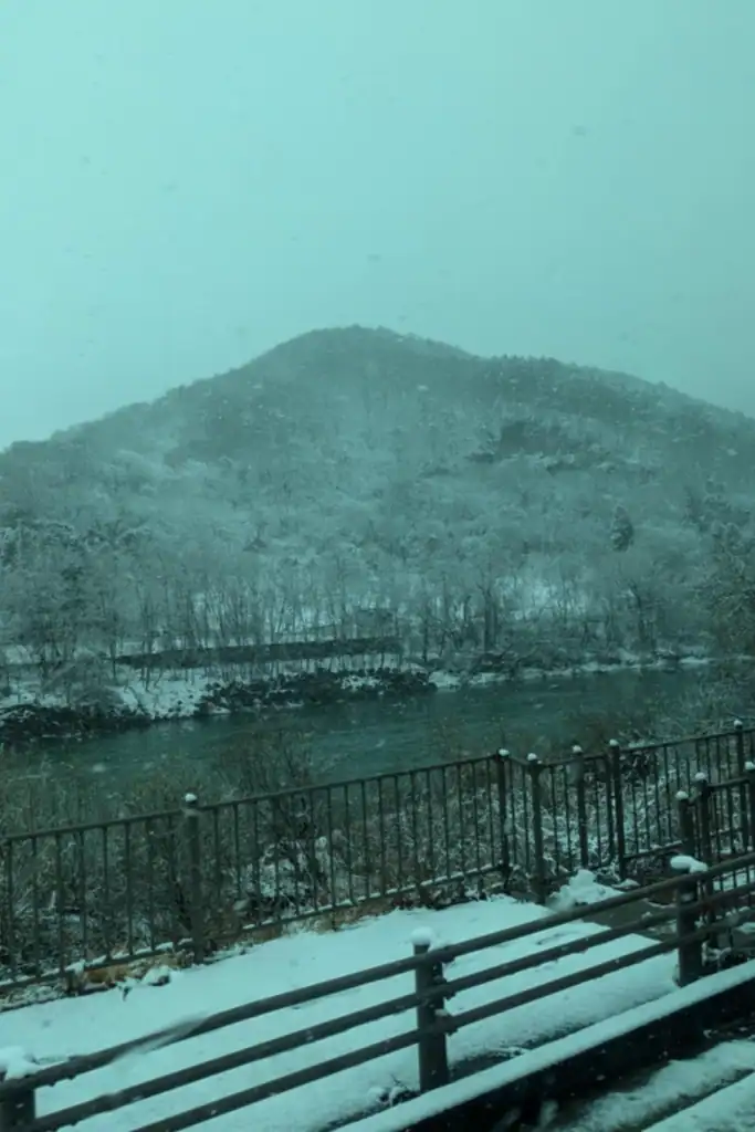 View from bus window between Nagano & Hakuba. Looking across a snowy river