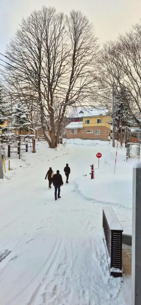 Three people walk down a snow-covered street in Lower Hirafu
