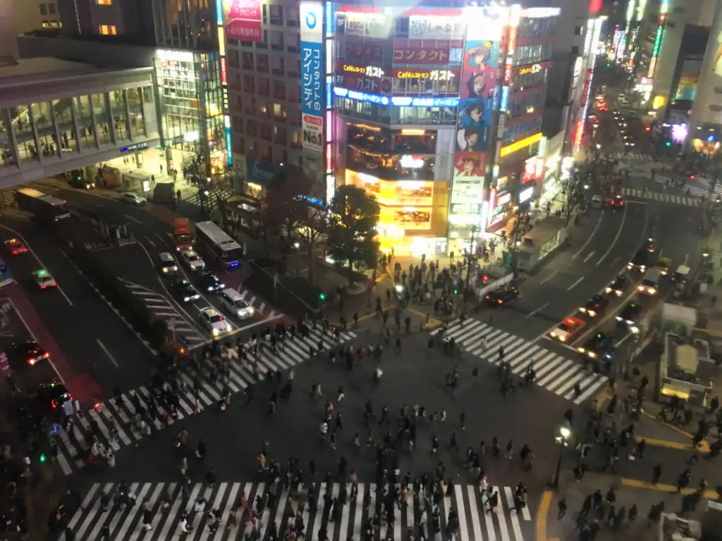 Looking over the famous Shibuya crossing at night