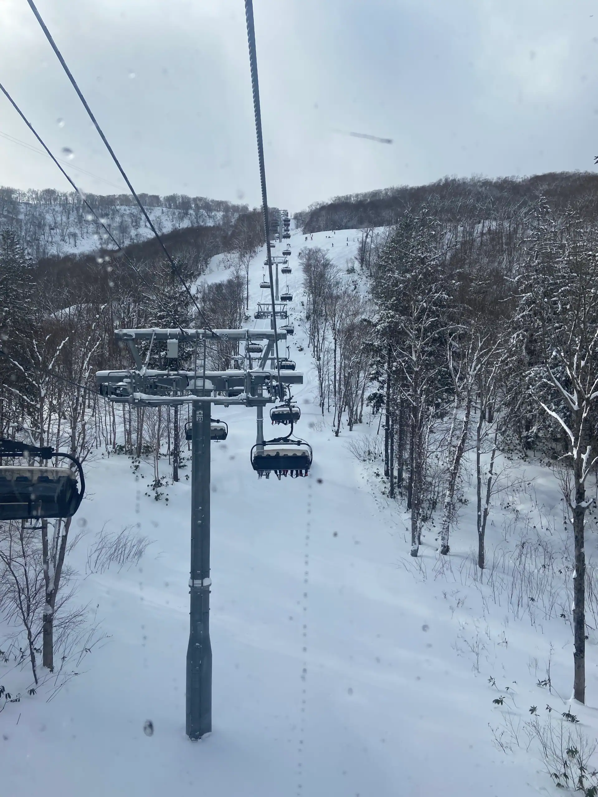 Looking up the lift line on an overcast day at Niseko